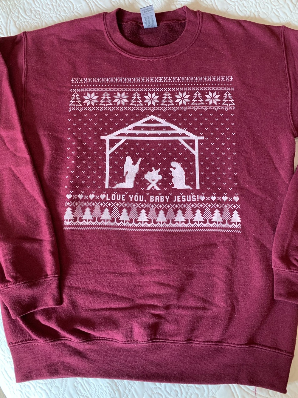 Maroon Nativity Christmas Graphic Sweatshirt - 'Love You, Baby Jesus' (Small)